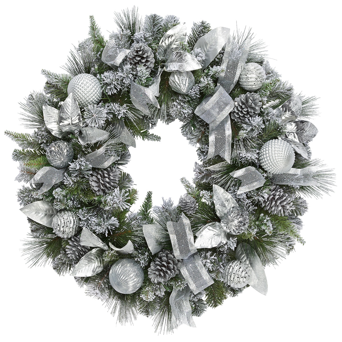 Silver decorated wreath on White background without lights