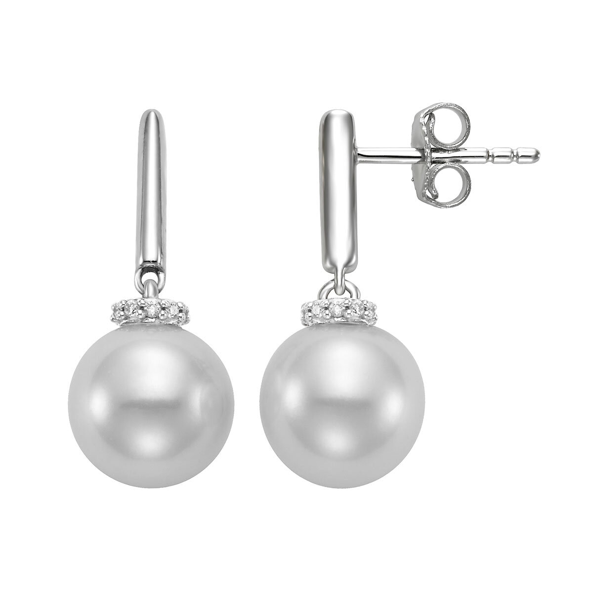 9-10mm Cultured Freshwater White Pearl & 0.06ctw Diamond Earrings, 14ct White Gold