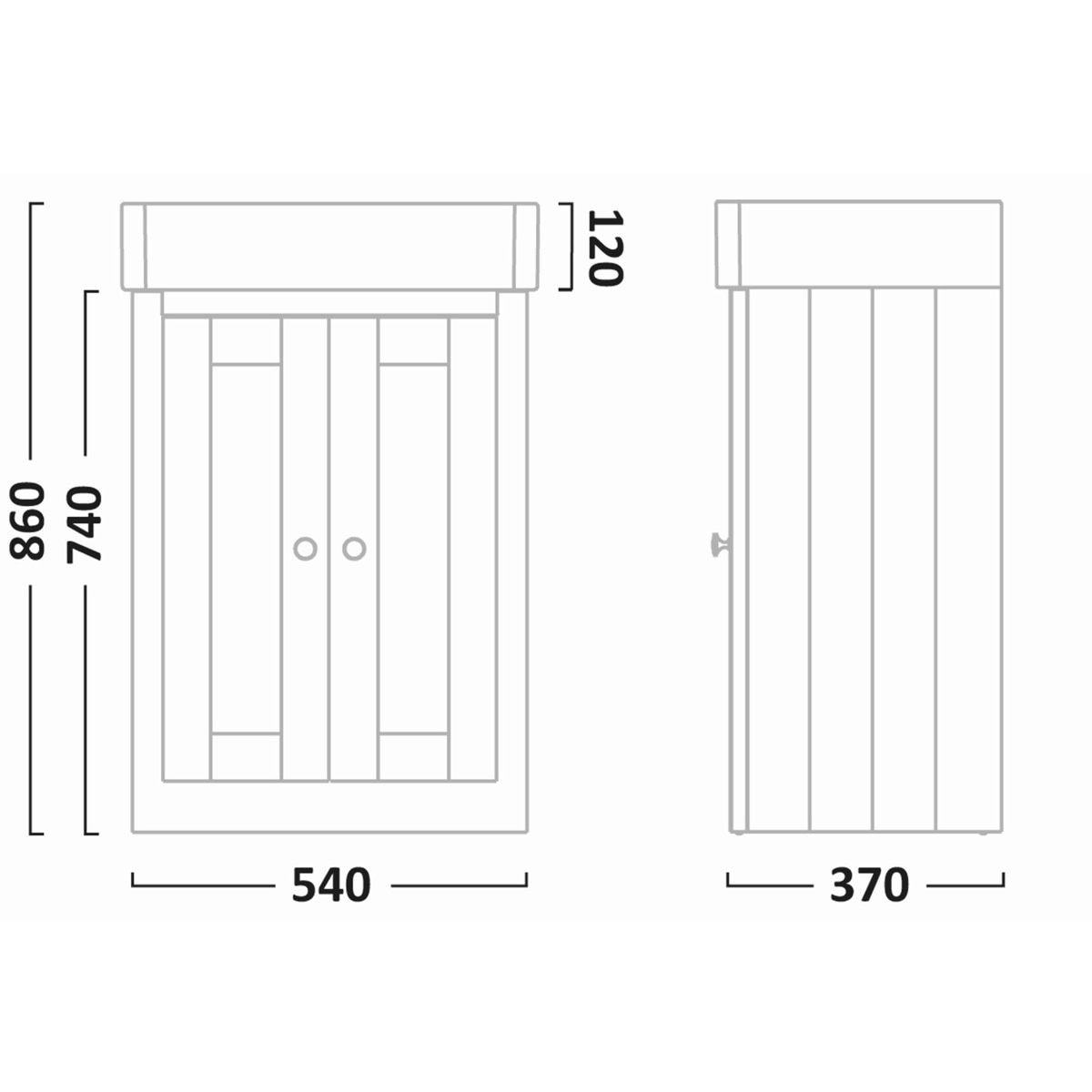 Line drawing of unit on white background with dimensions