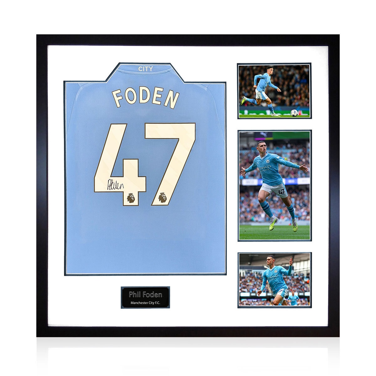 Phil Foden MCFC 24/25 Signed Framed Shirt, including 3 Photos