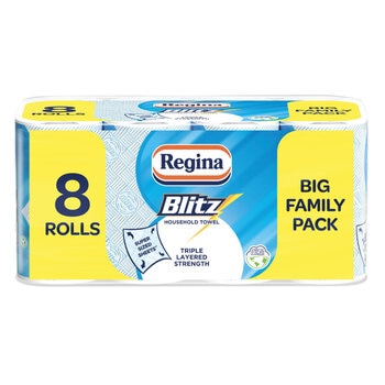 Regina Blitz Household Towel, 8 Pack (70 Sheets Per Roll)