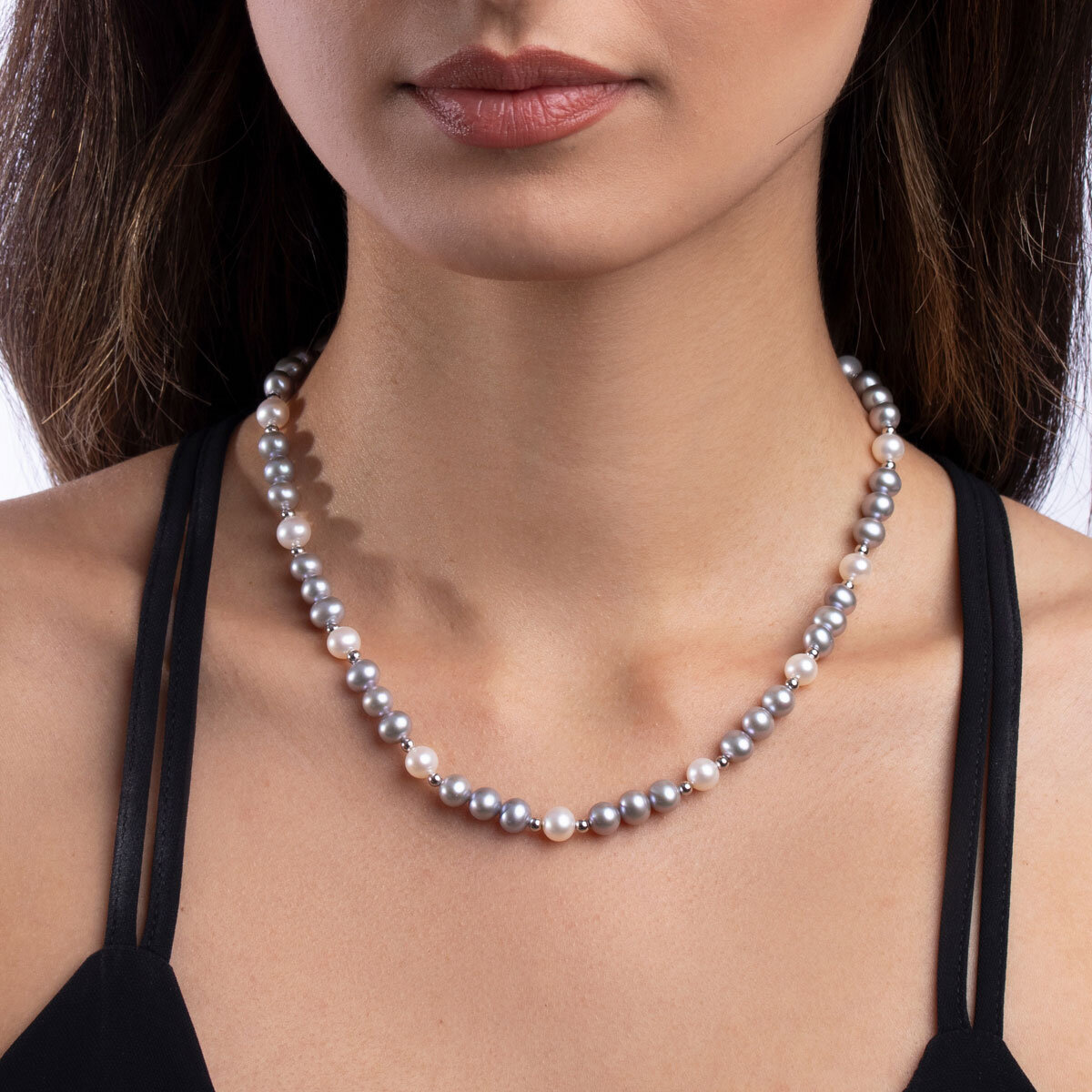 6-7mm Cultured Freshwater White & Grey Pearl Necklace, 18ct White Gold