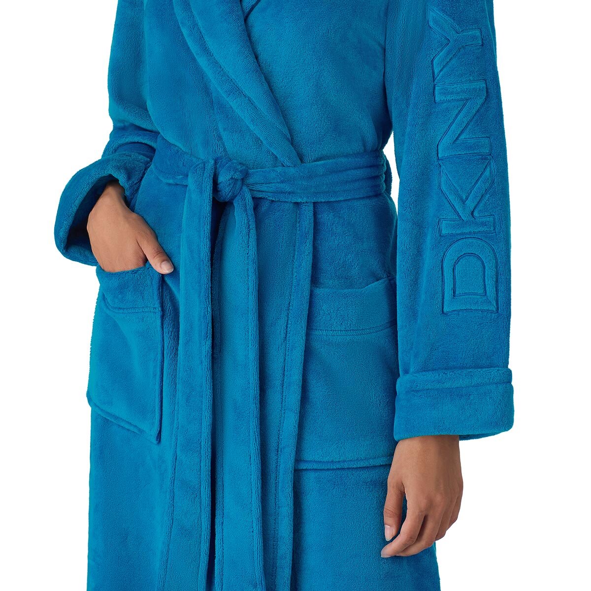 DKNY Shawl Collar Long Plush Robe in Blue