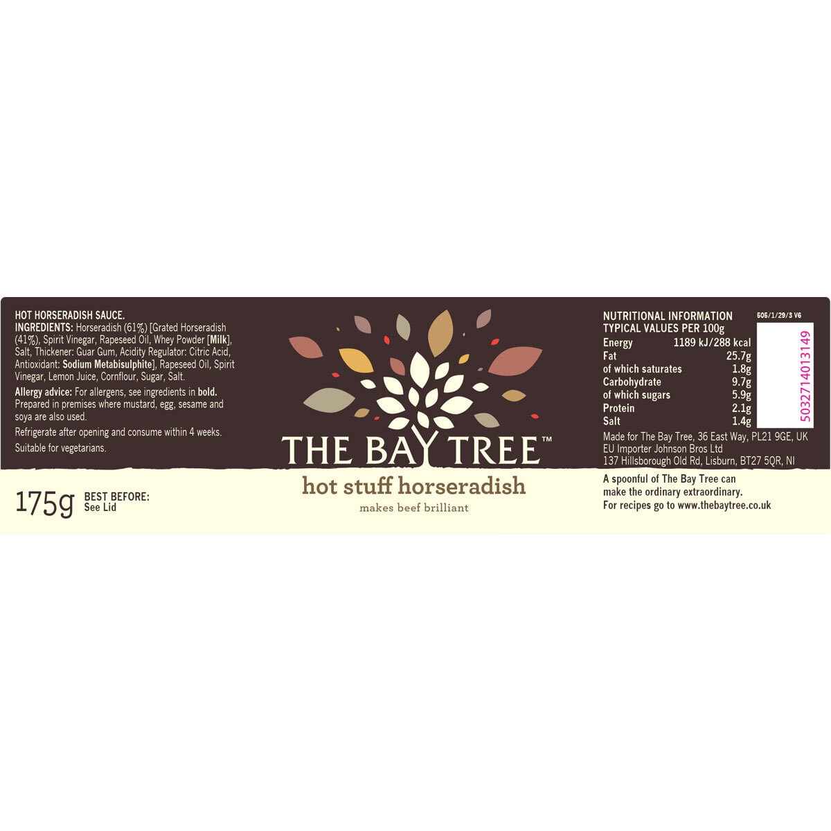 The Bay Tree Hot Stuff Horseradish, 175g Label