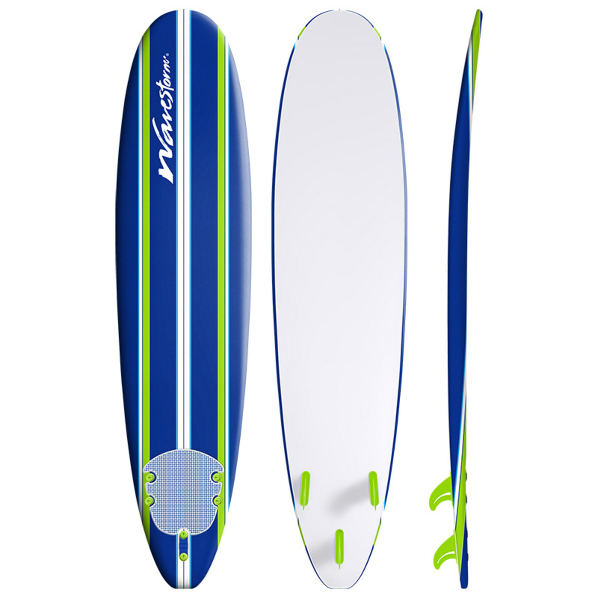 Wavestorm 8ft Classic Surfboard in Blue, Lime and White Stripe