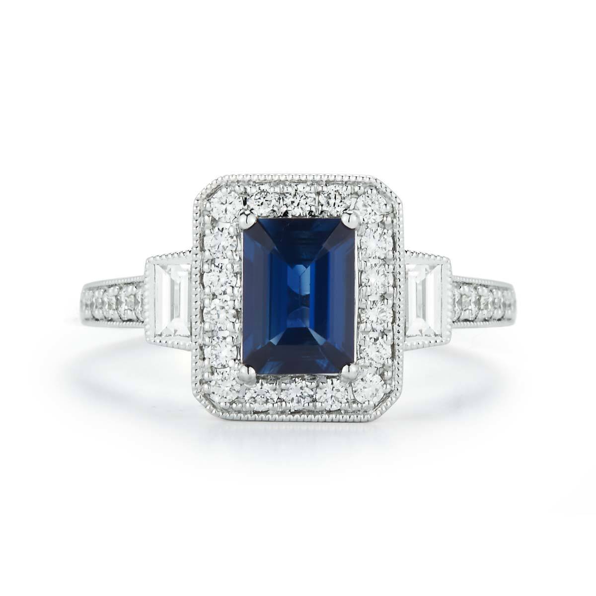 Emerald Cut Blue Sapphire and 0.58ctw Diamond Ring, 18ct White Gold ...