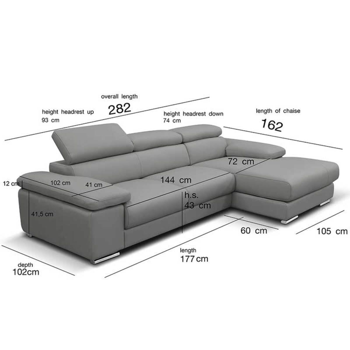 Nicoletti Lipari Grey Italian Leather Sofa Chaise | Costco UK